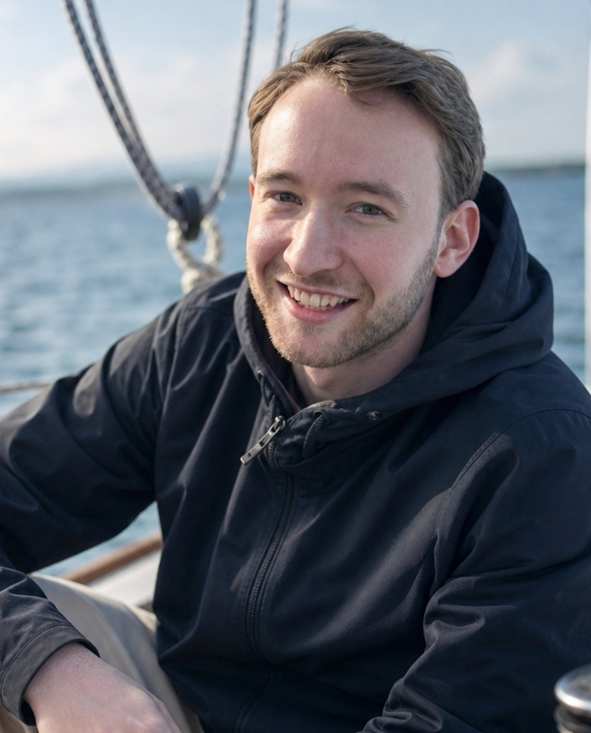 Julius Döring, Gründer von hnj.be Studio, auf einem Segelboot vor Kiel